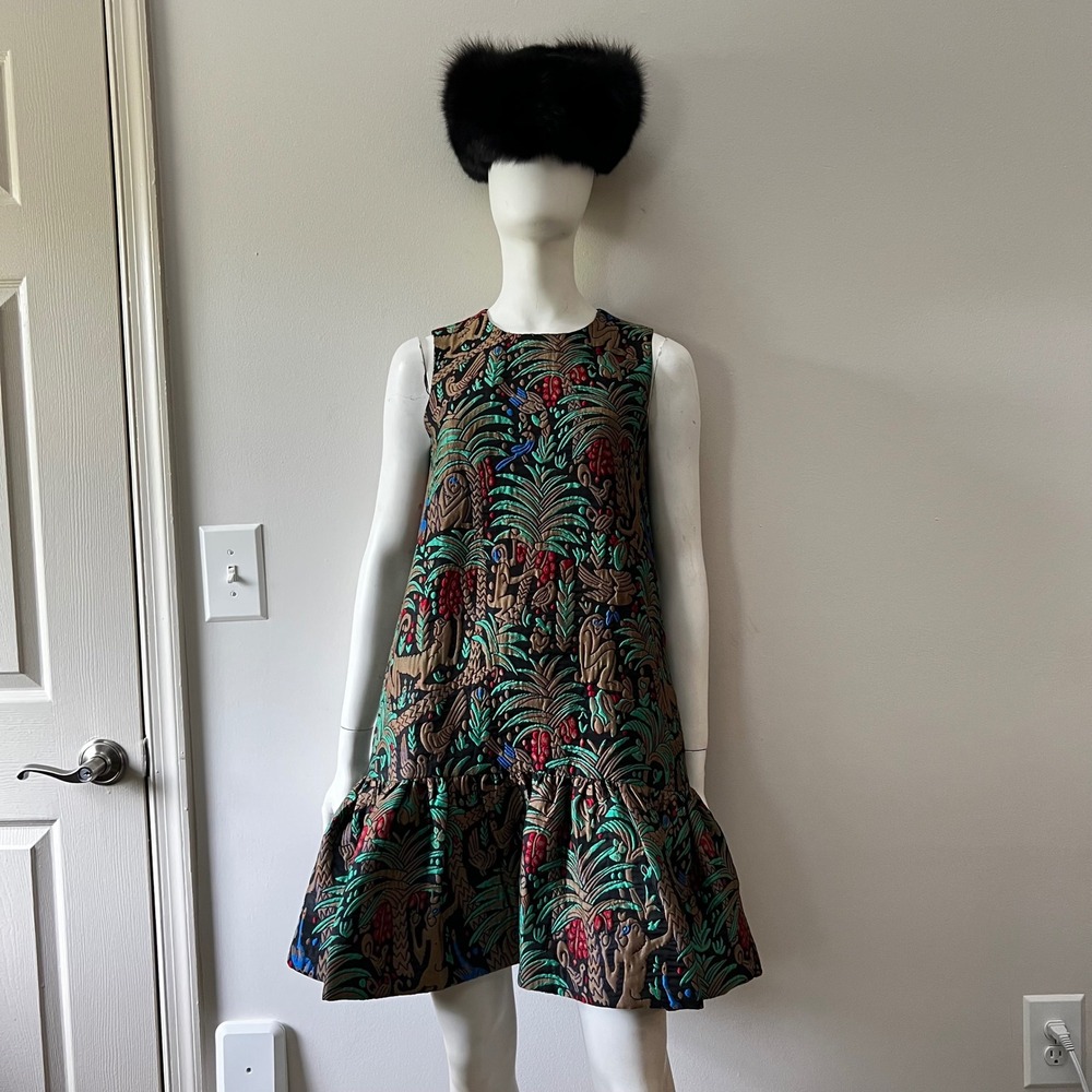 Blanque Label Jacquard Mini Dress XS Metallic Brocade Drop Waist Statement